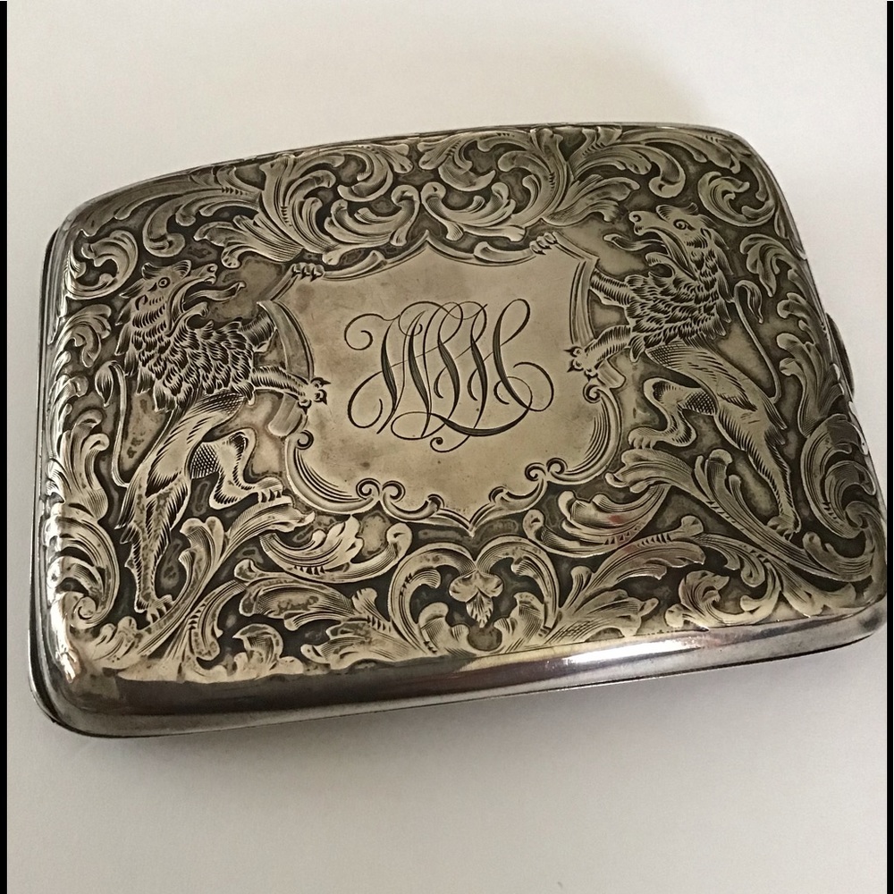 Unger Bros Antique Sterling Cigarette Case Lions - Picture 1 of 16